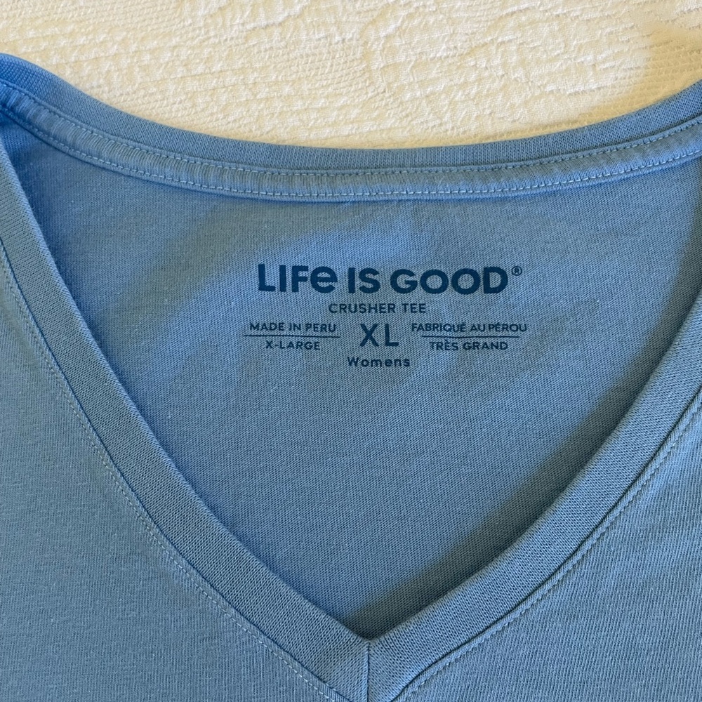 Life Is Good Blue Short Sleeve V-Neck Tee with Heart Word Art - Picture 3 of 7